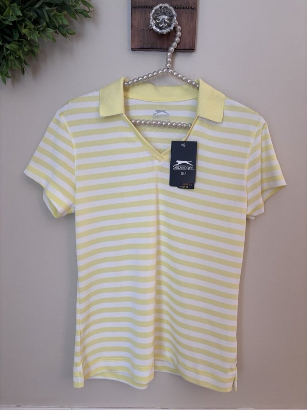 NWT Slazenger Womens Size S Sloane Striped Polo Shirt Yellow Short Sleeve Golf